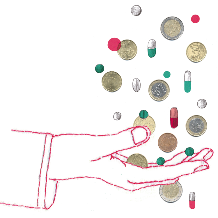 Symbolische foto van geld en medicijnen ter ondersteuning van het artikel